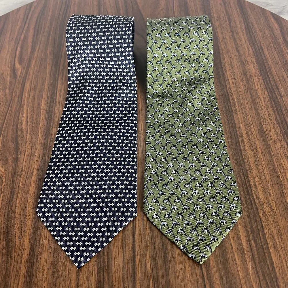 Lot 2 Brooks Brothers Ralph Lauren Mens 100% Silk‎ Ties Dolphin Geometric USA